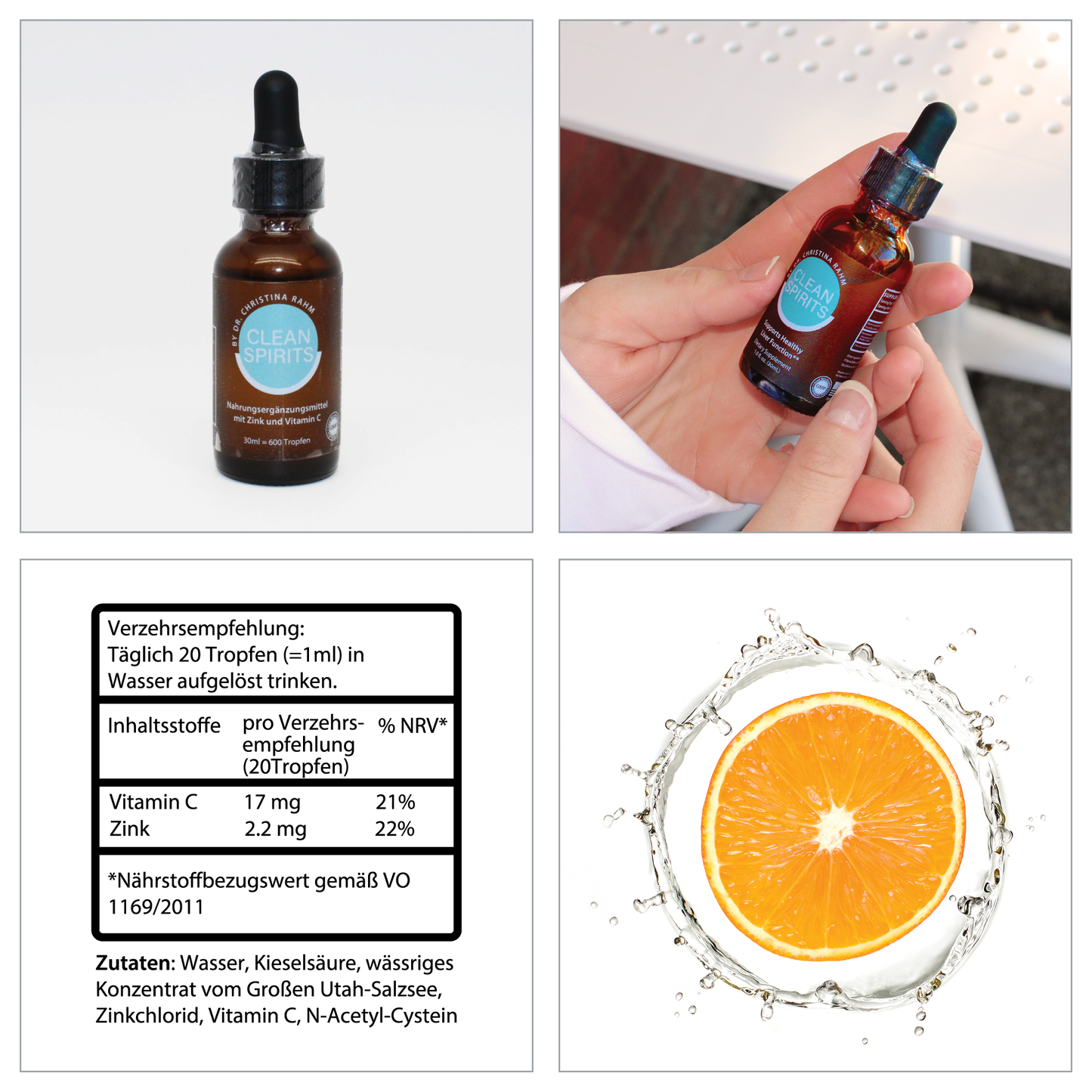 ROOT Cleanspirits: Etikett mit der Flasche Cleanspirits und den Inhaltsstoffen samt Verzehrsempfehlung