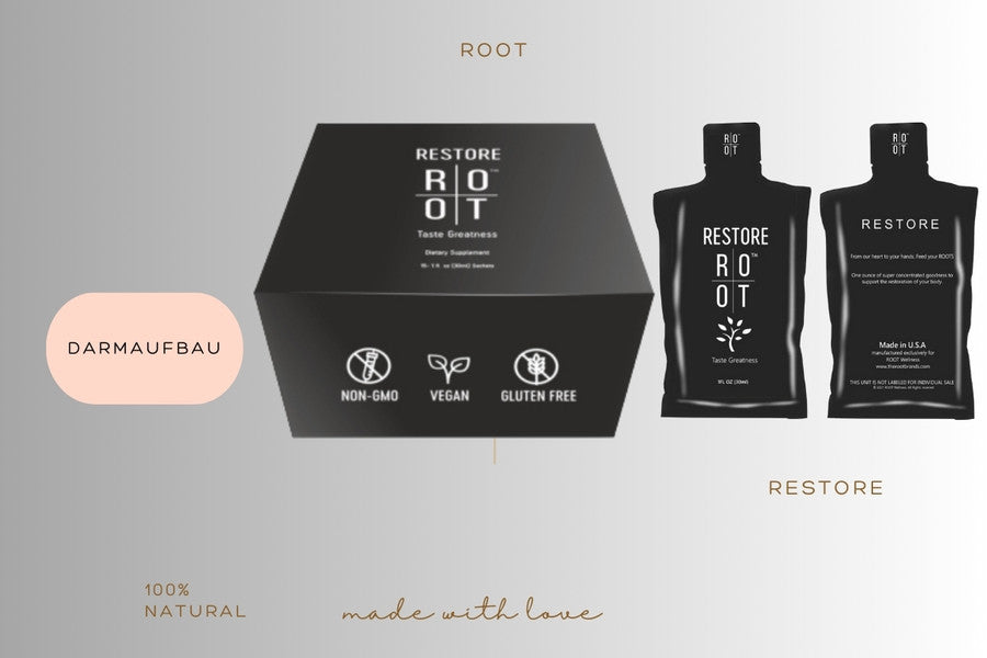 1 Karton Root Restore und daneben 2 Sachets